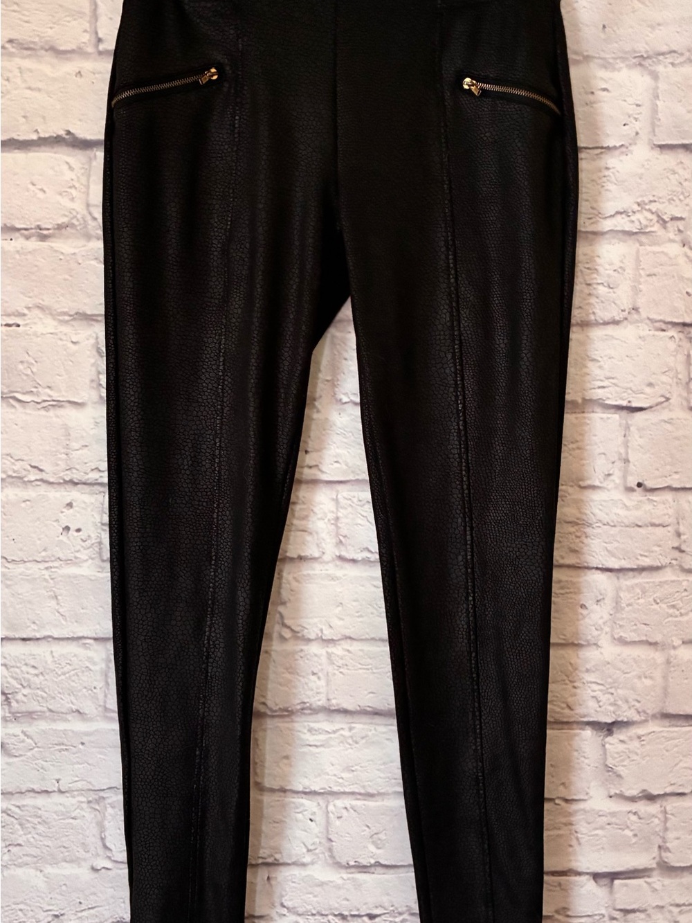 Shinestar Black Faux-Leather Women’s Skinny Jeans with Gold Zippers - Medium